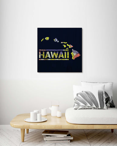 Map of Hawaii Tropical Plants Pattern - Wood Print