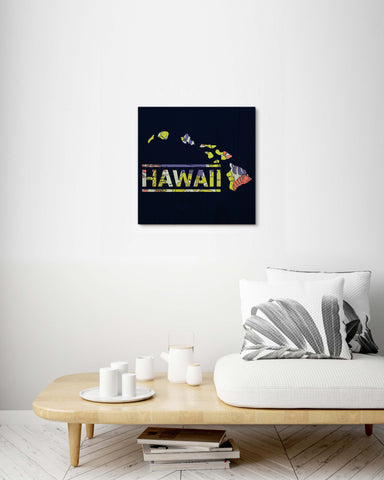 Map of Hawaii Tropical Plants Pattern - Wood Print