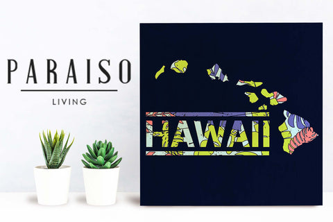 Map of Hawaii Tropical Plants Pattern - Wood Print